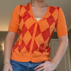 New York & Company Y2K Orange Argyle Short Sleeve Cardigan